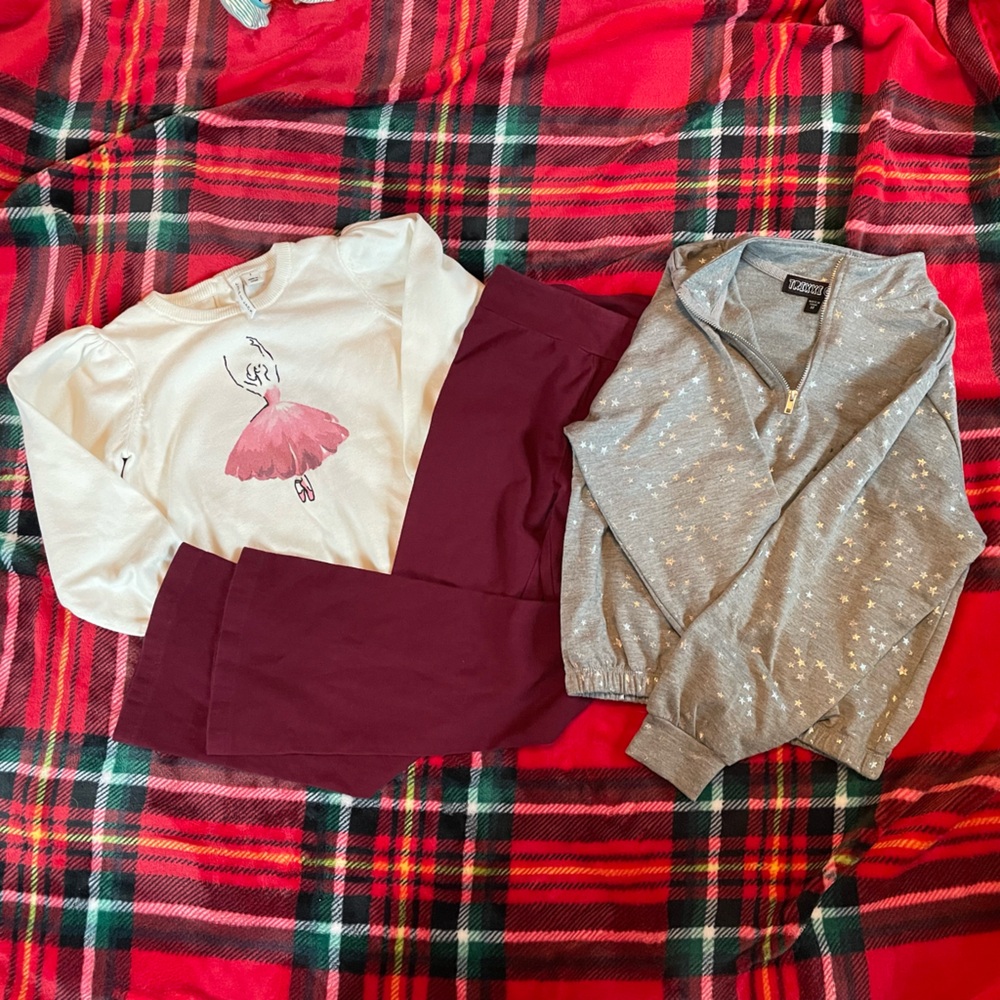 Kid’s Clothing Bundle with Maroon Flare Leggings, Gray Half Zip, and Sweater
